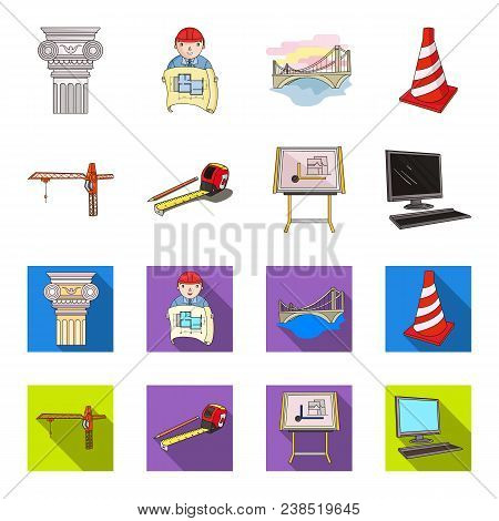Construction Crane, Measuring Tape Measure, Drawing Board, Computer. Architecture Set Collection Ico