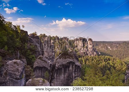 Bastei Rocks In Swiss Saxony, Around The Ruins Of Neurathen Castle. Germany In Summer