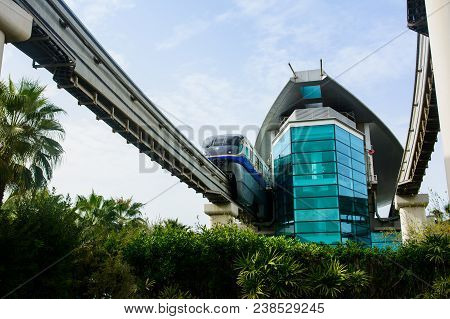Dubai, United Arab Emirates - February 24, 2018: Train Stooped In The Atlantis Monorail Train Statio