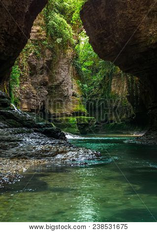 Martvili Canyon In Georgia. Beautiful Natural Canyon With View Of The Mountain River, Christal Blue 
