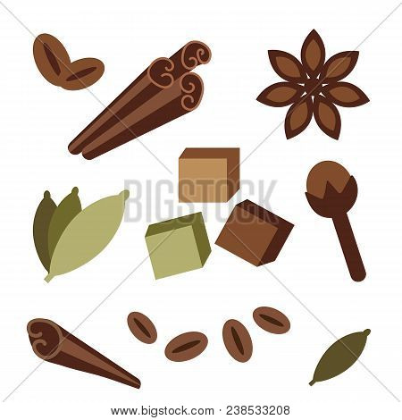 Natural Organic Spices Icons. Clove, Cardamom, Anise Star, Cinnamon, Bio Coffee Beans And Cane Brown
