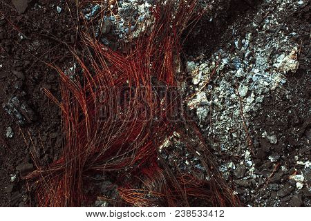 Metal Carcass Of The Burnt Automobile Rubber Tire. Close Up Texture Of Metall Armature. Tires After 