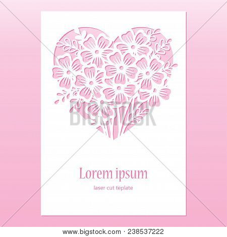 Card With Openwork Heart With Flowers. Laser Cutting Template For Greeting Cards, Envelopes, Wedding