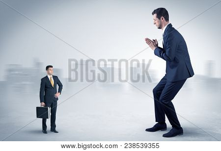 Giant businessman being afraid of small serious executor with suitcase