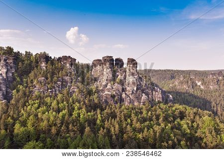 Bastei Rocks In Swiss Saxony, Around The Ruins Of Neurathen Castle. Germany In Summer