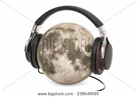 Moon With Headphones, 3d Rendering Isolated On White Background