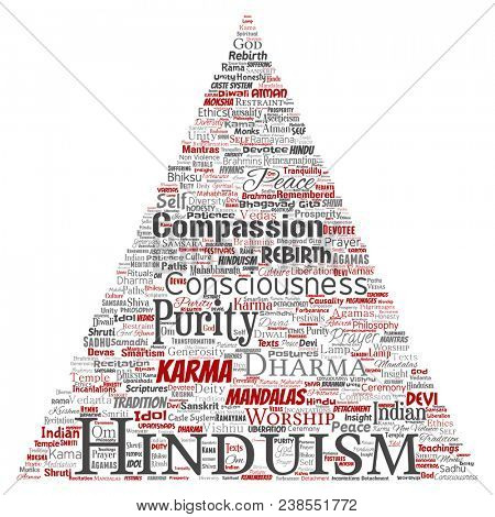Conceptual hinduism, shiva, rama, yoga triangle arrow red word cloud isolated background. Collage of mandalas, samsara, celebration, tradition, peace, compassion, rebirth, karma, dharma concept