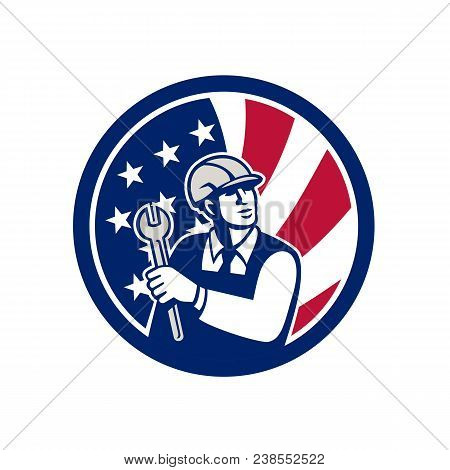 Icon Retro Style Illustration Of An American Mechanical Engineer Holding A Spanner With United State