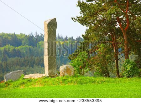 Ancient stone monument. Menhirs and dolmens near Tesovice. Famous place for every year rituals of fertility treatment.  Mysterious landmark in Czech Republic, Central Europe.