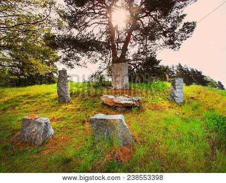 Ancient stone monument. Menhirs and dolmens near Tesovice. Famous place for every year rituals of fertility treatment.  Mysterious landmark in Czech Republic, Central Europe.