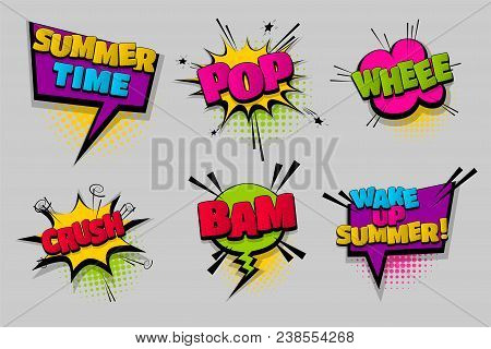 Summer Time Whee Crush Pop Set Hand Drawn Pictures Effects Template Comics Speech Bubble Halftone Do