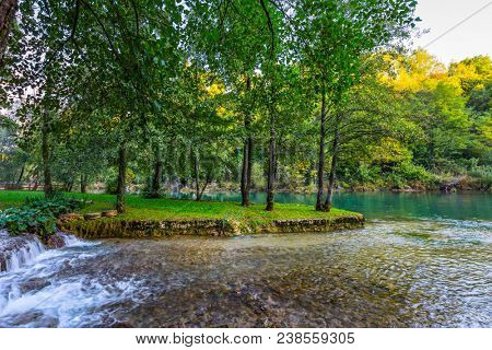 Croatia, Slunj. Amazing park above the water channels of the Korana river. Concept of ecological and photo tourism