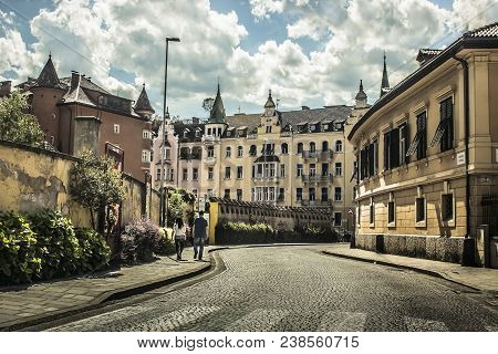 Austrian Style City In The North Of Italy And Beautyfull Sky With Many Clouds