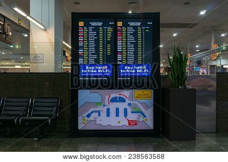 Melbourne, Australia - December 10, 2016: International Departures Information Board In Melbourne Ai