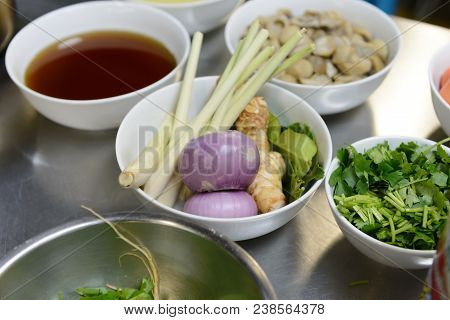 Ingredients For Tomyam Spicy Soup On Table In The Kitchen