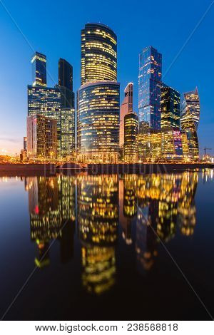 The Moscow International Business Centre (mibc) During Twilight Time.it Is A Commercial Modern Distr