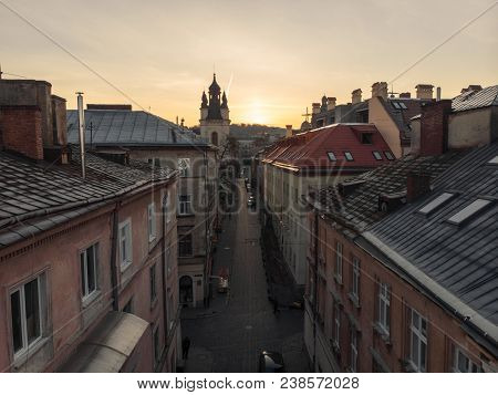Beauty Panoramic View On Sunrise Over Old European City
