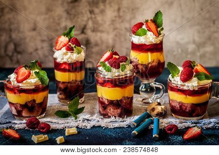 Fruit Cake, Jelly, Custard, Berry And White Cocolate Whipped Cream Individual Trifles