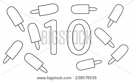 Line Art Design Of Number 10 With Ten Ice Creams For Kids Coloring Book Page Or App. Vector Illustra
