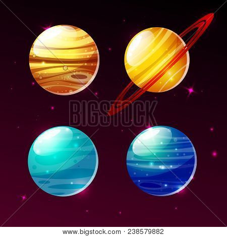 Planets Of Galaxy Vector Illustration Icons Of Cartoon Mars, Mercury Or Venus And Saturn Rings Or Ju
