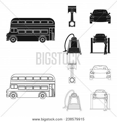 Car On Lift, Piston And Pump Black, Outline Icons In Set Collection For Design.car Maintenance Stati