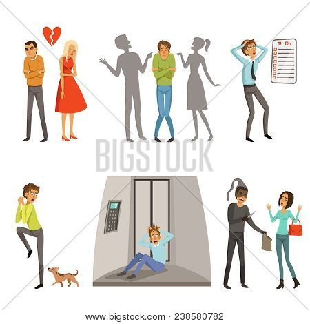 Characters In Different Scenes. Panic, Fear And Fright. Character With Claustrophobia Or Cynophobia,