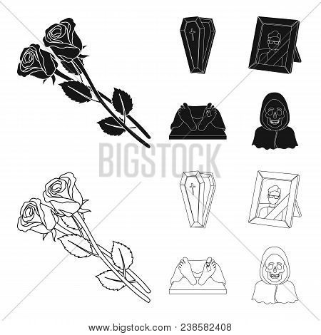 Coffin With A Lid And A Cross, A Photograph Of The Deceased With A Mourning Ribbon, A Corpse On The 