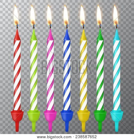 Vector 3d Realistic Different Birthday Party Colofful Wax Paraffin Burning Cake Candle Icon Set Clos