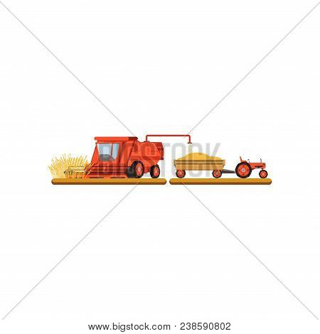 Combine Harvester Mowing Wheat, Agricultural Machinery Vector Illustration Isolated On A White Backg