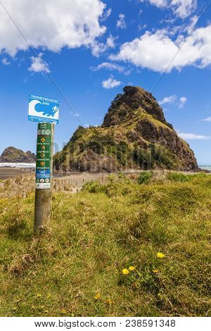 Piha Beach And Lion Rock, Auckland Region, New Zealand. Although This Is A Very Popular Beach It Has