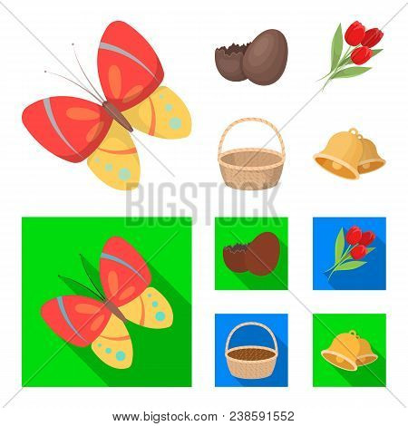 Chocolate Egg, Bells, Basket And Flowers.easter Set Collection Icons In Cartoon, Flat Style Vector S