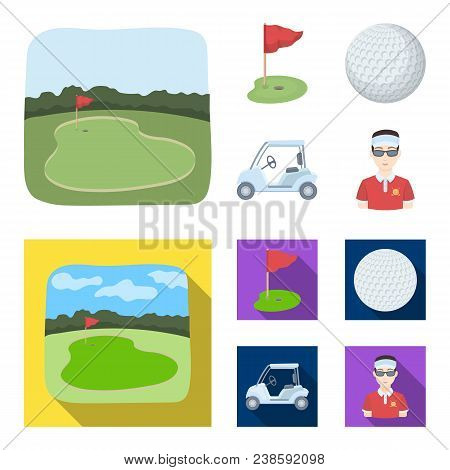 Field With A Hole And A Flag, A Golf Ball, A Golfer, An Electric Golf Cart.golf Club Set Collection 