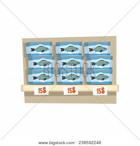 Canned Fish On Store Shelf, Seafood Production, Fish Industry Canned Process Vector Illustration Iso