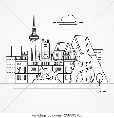 Linear Illustration Of Madrid, Spain. Flat One Line Style. Trendy Vector Illustration. Architecture 