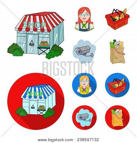Salesman, Woman, Basket, Plastic .supermarket Set Collection Icons In Cartoon, Flat Style Vector Sym
