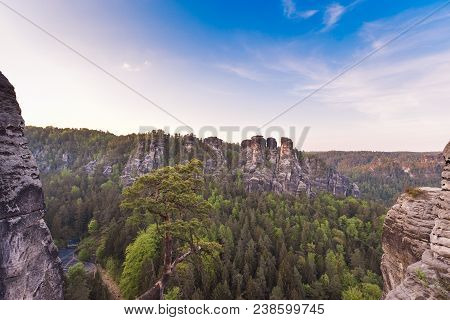 Bastei Rocks In Swiss Saxony, Around The Ruins Of Neurathen Castle. Germany In Summer