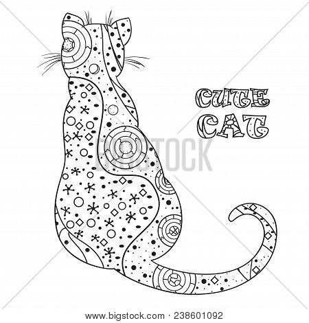 Cat. Design Zentangle. Hand drawn cat with abstract patterns on isolation background. Design for spiritual relaxation for adults. Black and white illustration for coloring. Zen art. Decorative style