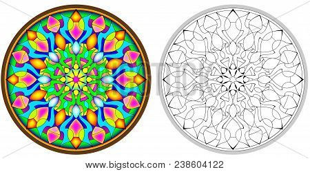 Colorful And Black And White Pattern Of Gothic Rose Window, Vector Cartoon Image.