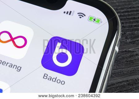 Sankt-petersburg, Russia, April 27, 2018: Badoo Application Icon On Apple Iphone X Screen Close-up. 