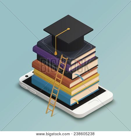 E-learning Isometric Composition With Textbooks Smartphone And Graduation Cap On Blue Background 3d 
