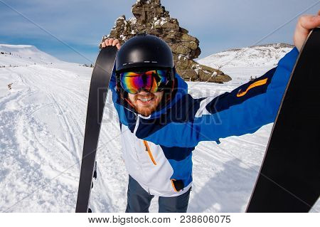 Selfie Guy Sportsman Goes On Normal Skiing On Ski Slope With Action Camera.