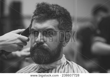 Fashion And Beauty, Innovation. Barber And Hairdresser. Haircut Of Bearded Man, Archaism. Man Cut Lo