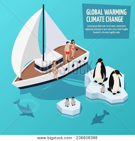 Climate Change Isometric Composition With People On Sailboat, Dolphins Underwater And Penguins On Me