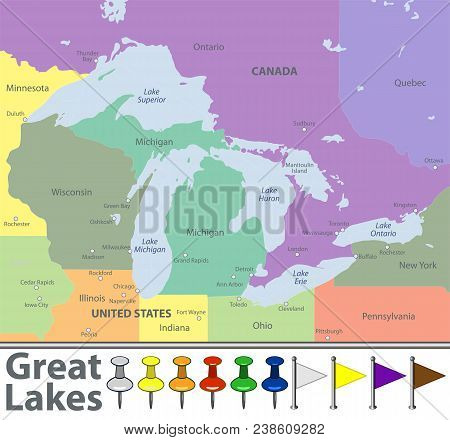 Vector Map Of Great Lakes With Countries, Big Cities And Icons