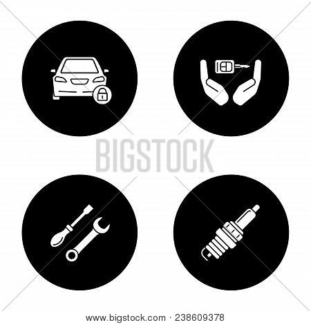 Auto Workshop Glyph Icons Set. Locked Car, Key In Hands, Screwdriver And Spanner, Spark Plug. Vector