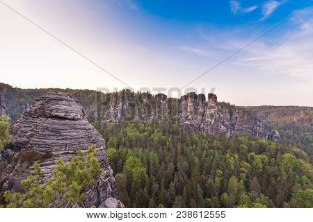 Bastei Rocks In Swiss Saxony, Around The Ruins Of Neurathen Castle. Germany In Summer