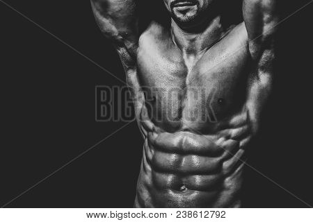 Coach Sportsman With Bare Chest, Shower. Sport And Workout. Athletic Bodybuilder Man. Dieting And Fi
