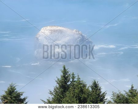 Rock Island Off The Foggy Shore Of Pacific Northwest