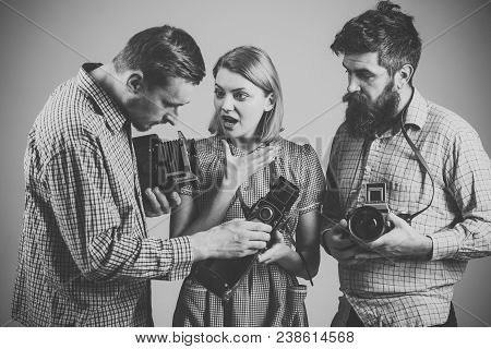 Men In Checkered Clothes, Retro Style. Vintage Photography Concept. Company Of Busy Photographers Wi