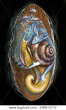 A Blue Mushroom Spirit Embraces A Snail On A Wood Texture Background